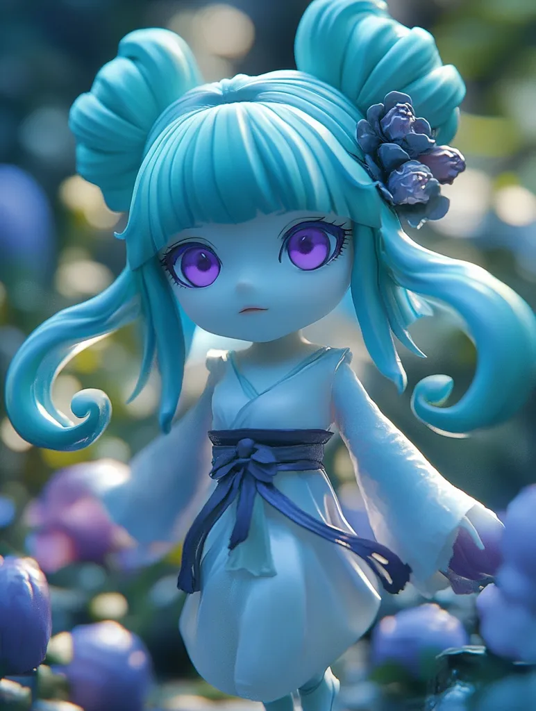 The image shows a doll with long, flowing turquoise hair styled in two buns, adorned with purple flowers. She has large, expressive eyes with purple irises and wears a flowing white dress with a purple sash.  The doll appears to be in a serene, mystical setting, surrounded by purple flowers and foliage. The image is soft and ethereal, capturing the doll's innocent and delicate beauty.