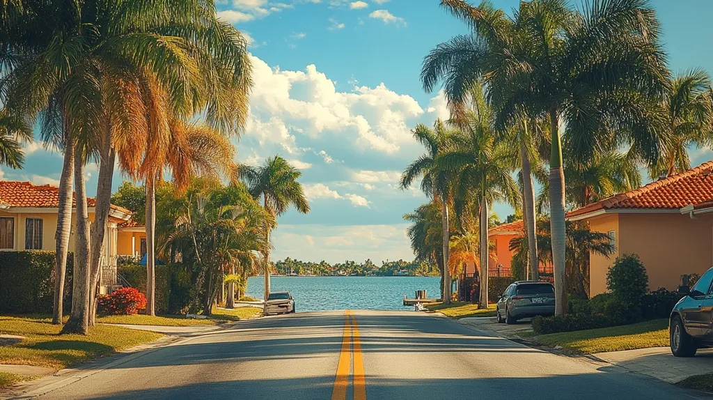 A picturesque street lined with tall palm trees leads to a tranquil bay.  The road is paved with a yellow double line down the middle, and the sky is a clear blue with puffy white clouds.  On either side of the road are lush tropical plants and houses with terracotta roofs, creating a sense of peaceful suburban living.  The water shimmers in the sunlight, reflecting the beauty of the surrounding nature.
