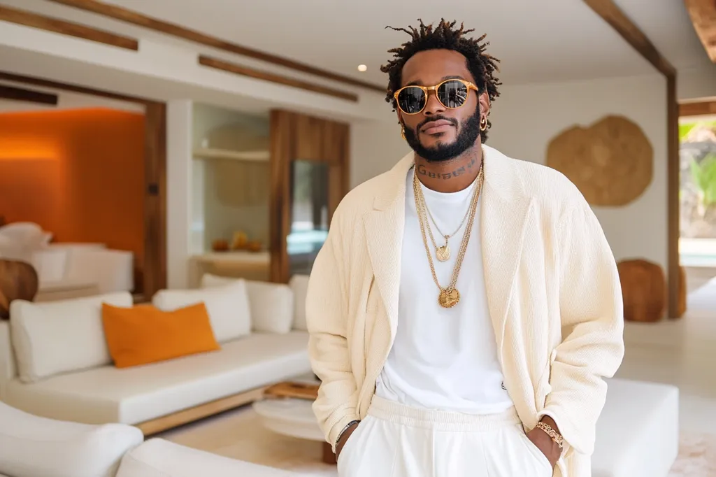 A man with a beard and dreadlocks wears a white t-shirt, a cream jacket, and white pants. He has on sunglasses, multiple gold chains, and a gold bracelet. He is standing in a modern, well-lit living space with a white couch and orange throw pillows in the background. The room has a neutral color scheme, featuring light wood and white walls. The man looks confident and stylish, taking in the scenery around him.