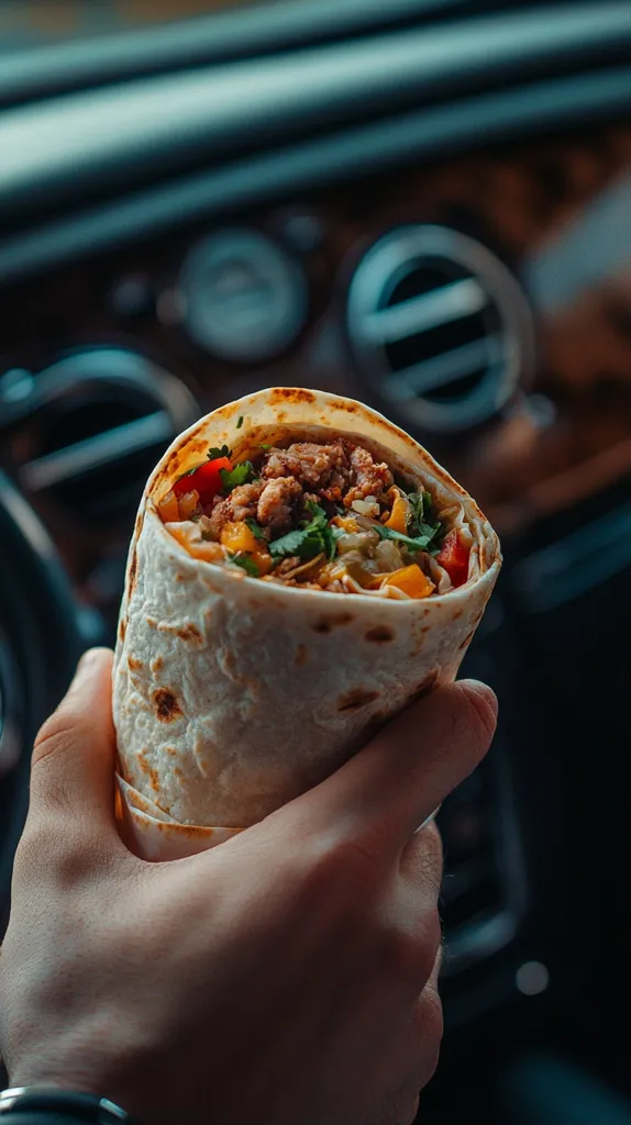 A close-up shot of a hand holding a large burrito. The burrito is filled with meat, cheese, and vegetables, and is wrapped in a soft tortilla. The burrito is being held in the car, with the car's interior blurred in the background. The image focuses on the texture and detail of the burrito.