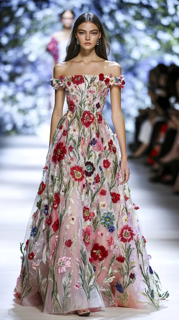 A woman with long brown hair and a delicate face is wearing an off-the-shoulder gown, adorned with intricate floral embroidery. The gown is made of a sheer fabric with a pink base and features a multitude of colorful flowers, including red, pink, blue, and green. The dress is billowing around her as she walks down a runway, showcasing the beauty and craftsmanship of the design. Her expression is confident and elegant, highlighting the artistry of high fashion.