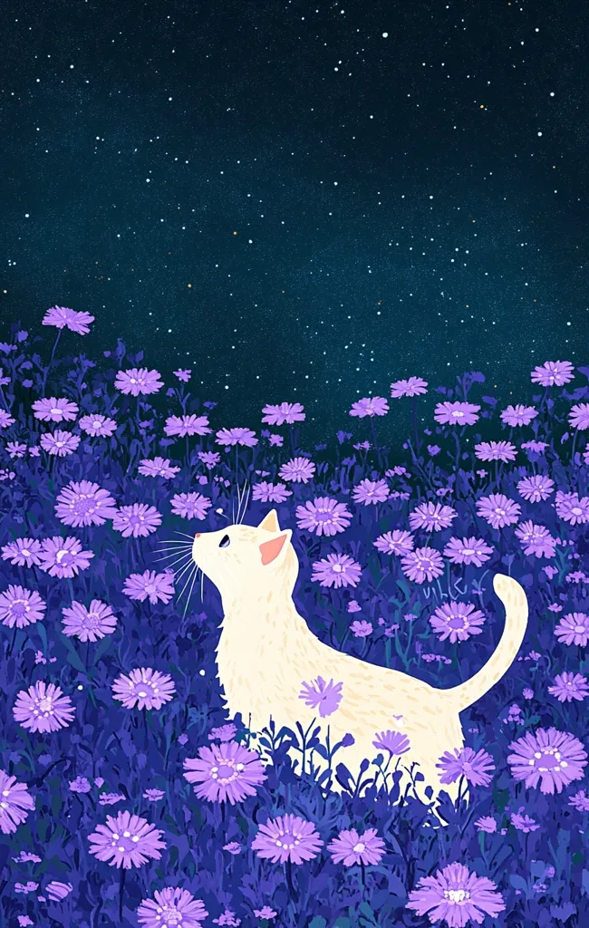 A white cat sits in a field of purple flowers, its head tilted up towards a starry sky. The cat's fur is soft and fluffy, and its eyes are wide with wonder. The flowers are delicate and beautiful, and the sky is filled with twinkling stars. The scene is peaceful and serene, and it evokes a sense of tranquility and awe.  The art is in a whimsical style, with a soft color palette and simple lines.