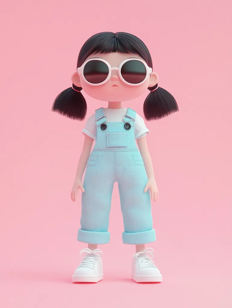 A cartoon girl with black hair and pigtails is wearing large, round, white sunglasses. She has a serious expression on her face, and she is dressed in a white t-shirt and light blue overalls. She is wearing white sneakers. The background is a light pink.