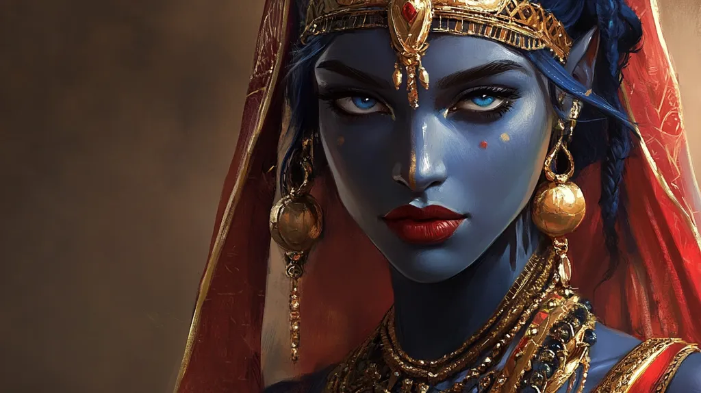 A woman with blue skin and piercing blue eyes stares intently at the viewer. She wears a red and gold headdress and a red and gold shawl.  Her skin is adorned with gold jewelry, including a large gold earring and necklaces, and she wears red lipstick.  The woman's gaze is intense and captivating.
