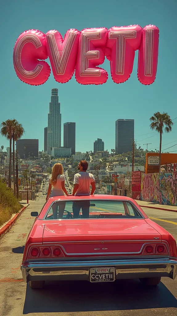 A pink vintage car with a license plate that reads "CCVETII" sits in the middle of a street in front of a city skyline. Two people, a man and a woman, are standing on the car's hood, looking out at the city. The word "CVETI" is spelled out in large pink balloon letters in the sky above the car.  The scene is full of vibrant colors and vintage aesthetics, hinting at a stylish and playful setting.