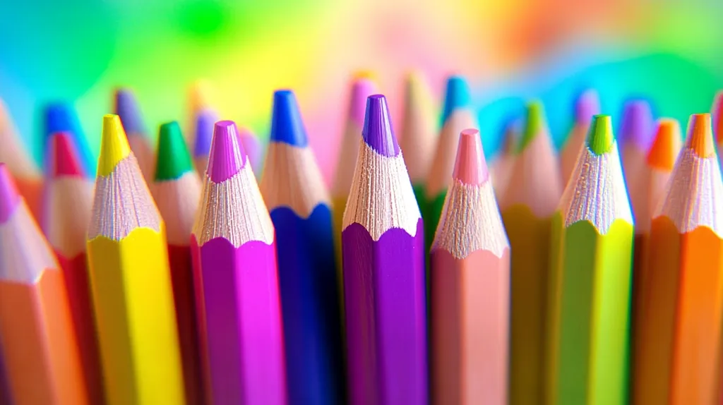 A close-up shot of a variety of colored pencils standing upright. The pencils are arranged in a row and the focus is on the tips, which are sharp and colorful. The background is blurred and out of focus. The colors are vibrant and the pencils appear ready to be used for drawing or coloring.