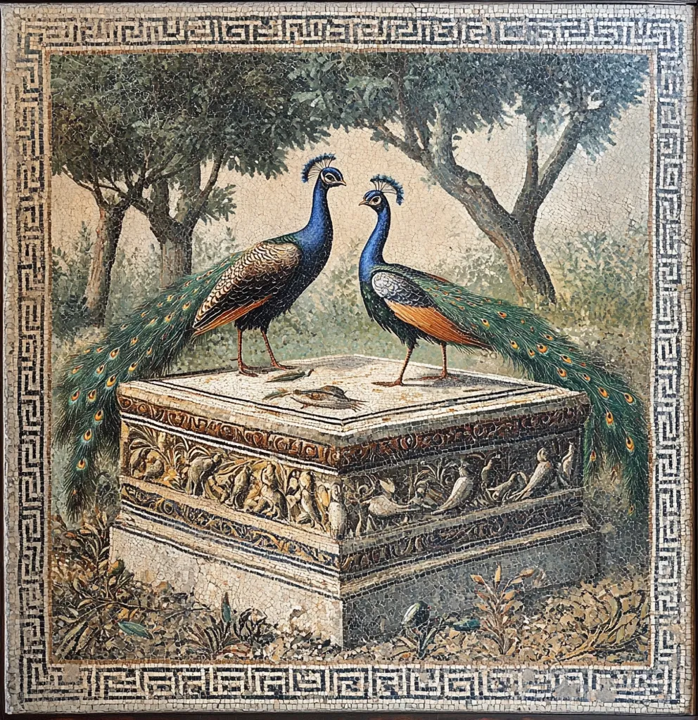 The image is a mosaic depicting two peacocks perched on a stone pedestal. The peacocks have vibrant blue, green, and gold feathers, and their tails are spread wide. The pedestal is decorated with intricate carvings of foliage and small animals. The mosaic is framed by a simple border of black and white squares. The background is a lush green garden with two trees. The overall tone of the image is serene and elegant.