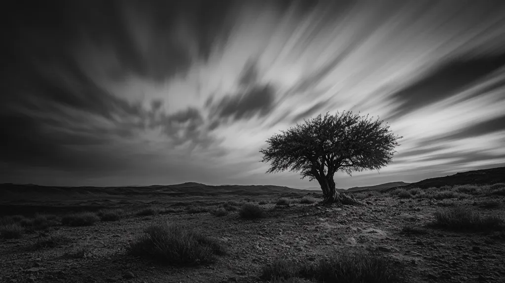 The image is a black and white photograph of a lone tree standing in a barren landscape. The sky is filled with swirling clouds, creating a sense of movement and drama. The tree is silhouetted against the sky, its branches reaching out towards the horizon. The ground is covered in rocks and sparse vegetation, suggesting a harsh and unforgiving environment. The image evokes feelings of isolation, resilience, and the enduring power of nature.