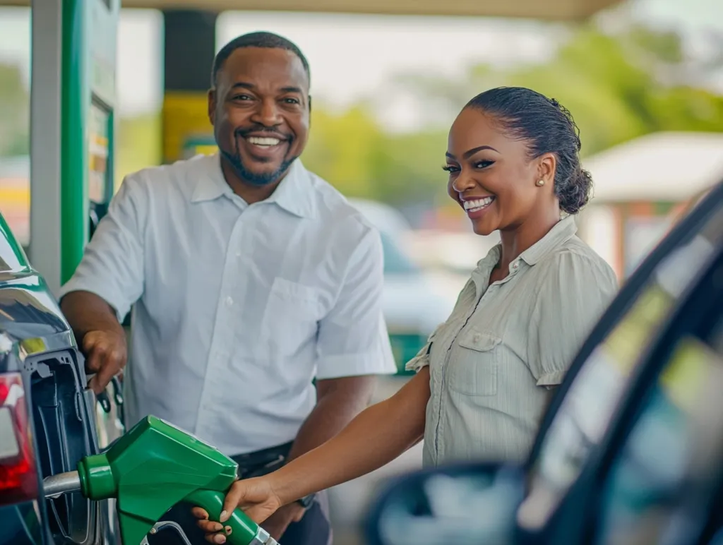 A man in a white shirt is standing at a gas pump, filling a car with fuel.  A woman is standing next to him, smiling and looking at the camera. They are both in a gas station, with cars in the background. The man is holding a green gas nozzle in his hand.  The woman is holding the nozzle as she prepares to fill the car. They both appear to be in a good mood, happy to be getting their car fueled.