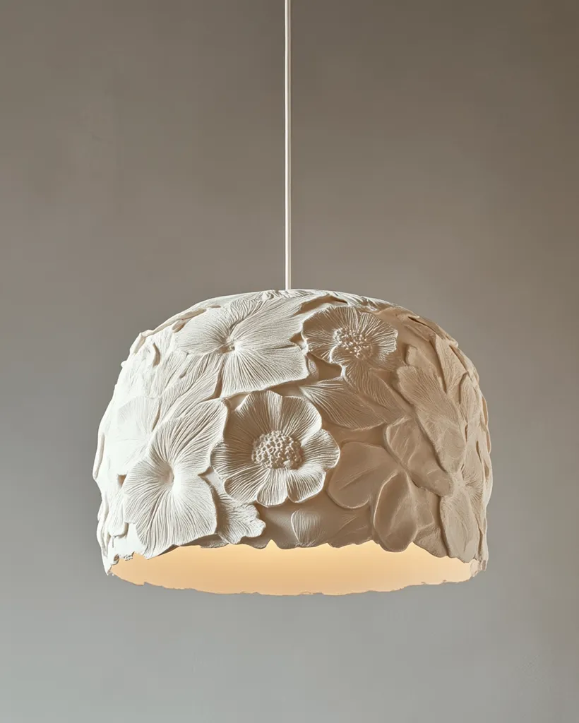 A white, floral-shaped pendant light hangs from a white cord against a light gray background. The light fixture is made of ceramic and features a delicate design of sculpted flowers and leaves. It casts a soft, warm glow, creating a gentle and inviting ambiance.