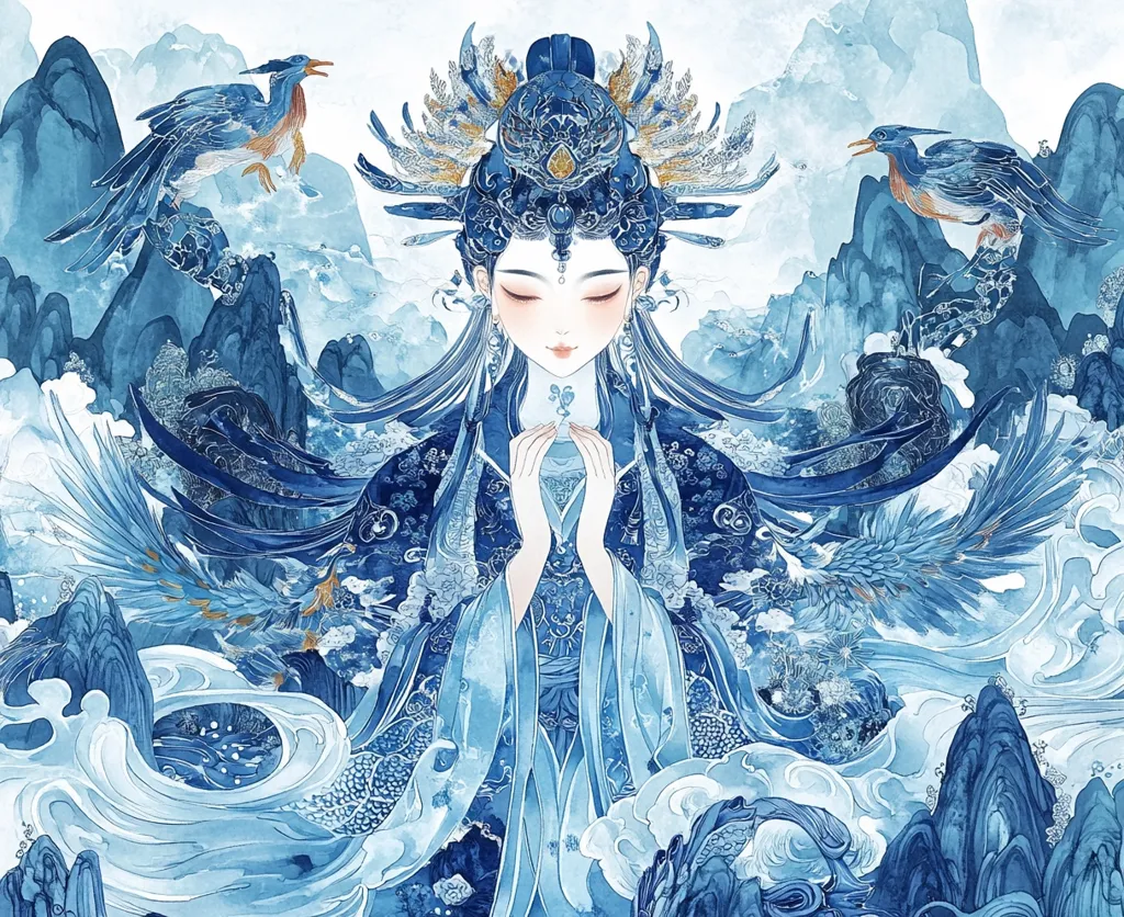 The image is a watercolor painting of a beautiful woman in a blue dress, surrounded by a swirling sea of blue. She is dressed in a traditional Chinese gown and her hair is styled in a complex bun. The woman has a gentle expression on her face and her eyes are closed. She appears to be holding a blue flower or ornament in her hands. The background is filled with blue and white mountains and clouds. The overall tone of the image is peaceful and serene.