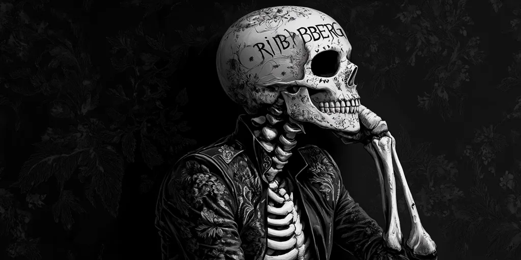 The image is a black and white illustration of a skeleton with a skull head. The skull is covered in a detailed, intricate tattoo with the word "RIBBBERG" written across the forehead. The skeleton is dressed in a black leather jacket with a floral pattern. The skeleton is sitting with its hand on its chin, looking thoughtfully off to the side. The background is a dark, floral pattern. The image has a gothic and macabre aesthetic.