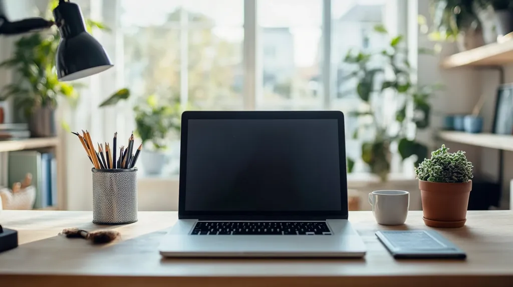 A minimalist workspace with a laptop, a pencil holder, a potted plant, and a coffee cup on a wooden desk. The laptop screen is black, and the background is a blurred window with green plants and shelves. The desk is bathed in warm sunlight, creating a calm and inviting atmosphere.