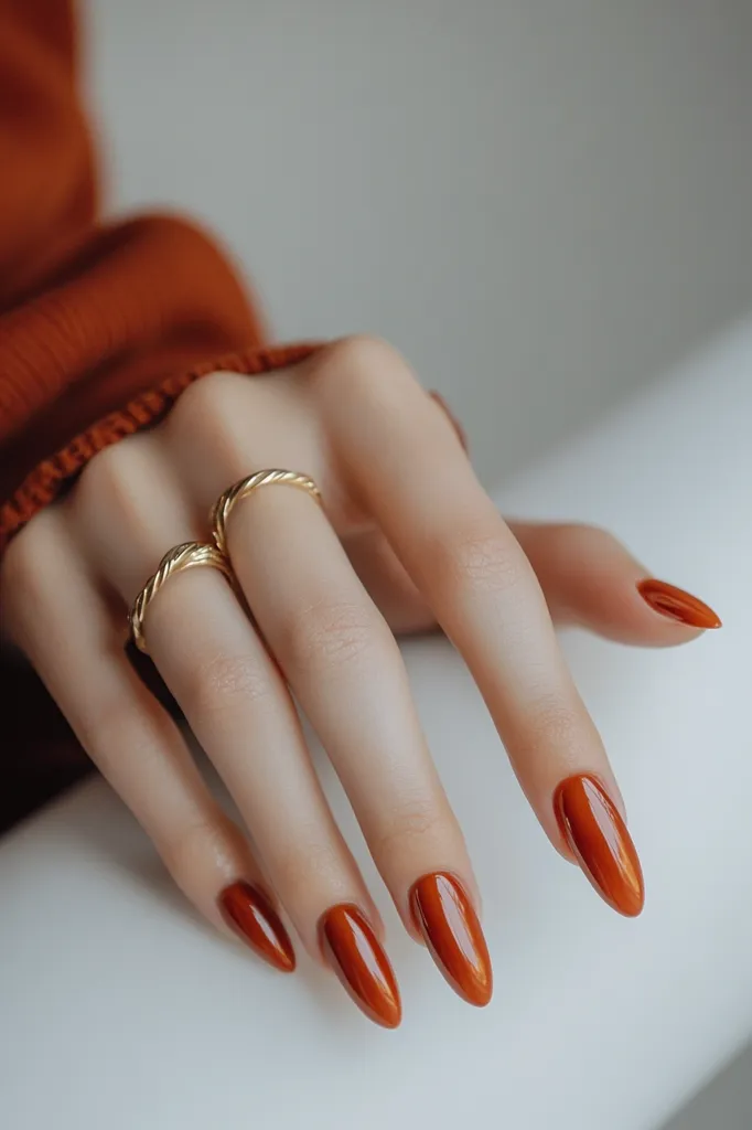 A hand with long, almond-shaped nails painted in a rich, burnt orange shade is shown. The hand is adorned with a gold ring, and a soft, orange sweater can be seen in the background. The image focuses on the manicured nails and the ring, creating a minimalist and elegant aesthetic.