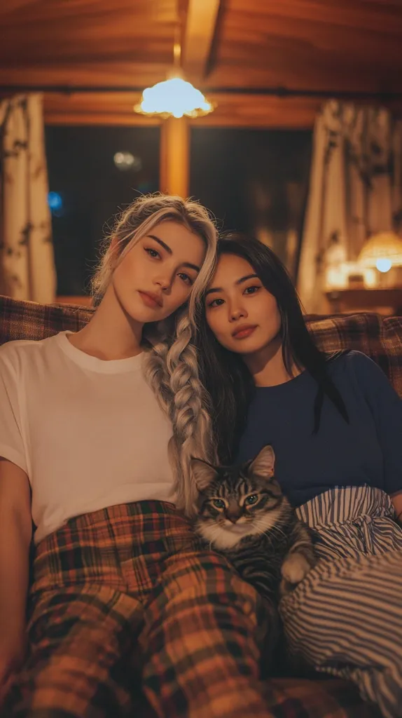 Two young women sit on a couch, their legs crossed, with a cat nestled between them. The woman on the left has long, blonde hair braided into a thick plait and is wearing a white t-shirt and plaid pants. The woman on the right has long, dark hair and is wearing a blue t-shirt and striped pants. The room is dimly lit with soft, warm light, creating a cozy and intimate atmosphere.  The cat stares intently at the camera, its fur a mix of grey and white.  The women’s faces are soft and relaxed, suggesting a comfortable closeness.  The scene evokes a sense of friendship and shared warmth.