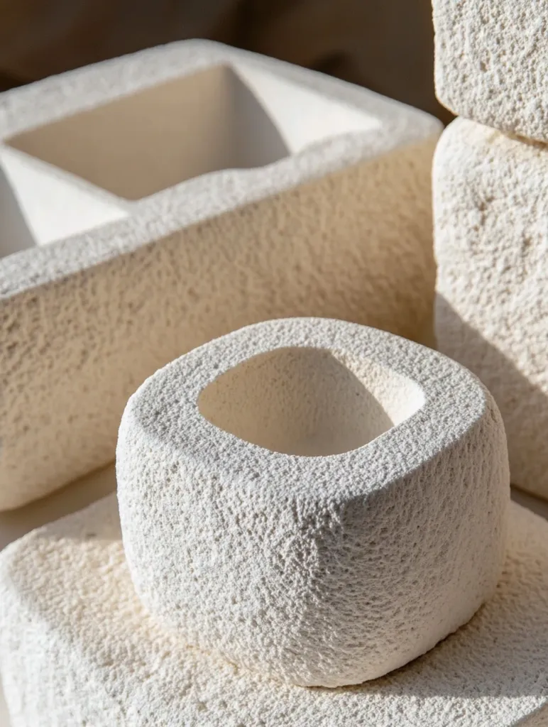 A close-up shot of a white, textured, ceramic planter. The planter is round with a square top opening and sits on a stack of other, similar but rectangular planters. The soft lighting highlights the uneven, textured surface of the planters. The image is simple and minimalist, with a focus on the shape and texture of the ceramic.