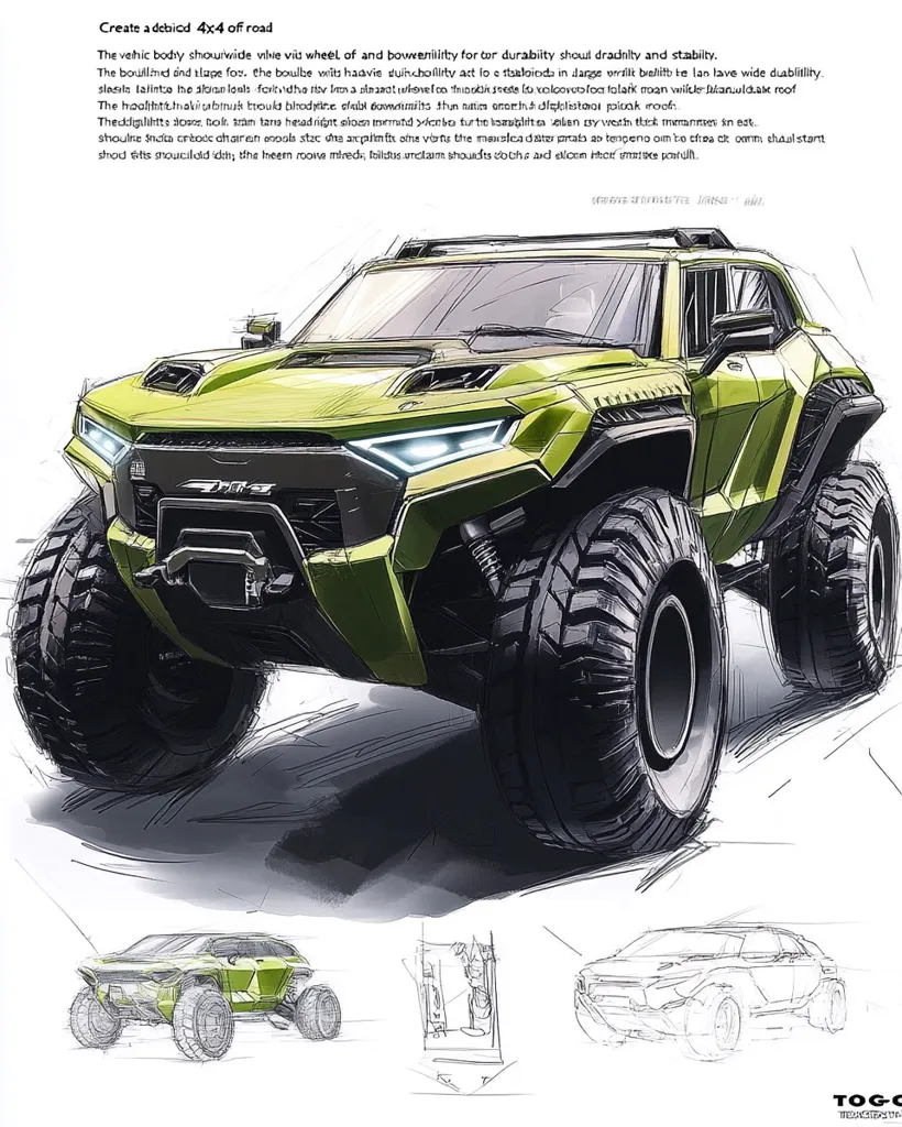 The image shows a detailed sketch of a 4x4 off-road vehicle. The vehicle has a wide body, large wheels, and a rugged design. The sketch is done in pencil and watercolor, and the artist has included detailed annotations about the vehicle's features and design elements. The image captures the ruggedness and off-road capability of the vehicle, while also showcasing the artist's technical skill and attention to detail.  The sketch includes multiple smaller sketches showing different angles of the vehicle.