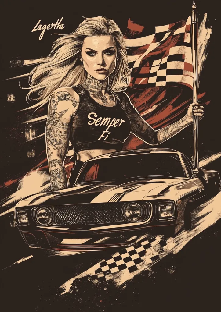 The image features a tough-looking woman with tattoos and a "Semper Fi" shirt, standing with a checkered flag in front of a classic muscle car. The woman has a determined expression and her blonde hair is flowing in the wind. The car is black and sleek, with a prominent grill and headlights. The checkered flag and the car's design suggest a racing theme. The overall aesthetic is gritty and rebellious, with a focus on strength and independence.