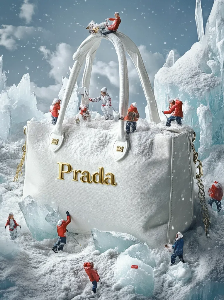 A large, white Prada handbag sits in a snowy, icy landscape. Miniature people, dressed in winter gear, are climbing, exploring, and navigating the handbag's exterior.  The snowy peaks surrounding the bag are made of ice, creating a surreal and whimsical scene. The image contrasts the scale of the handbag and the people, highlighting the vastness and dominance of the luxury item.