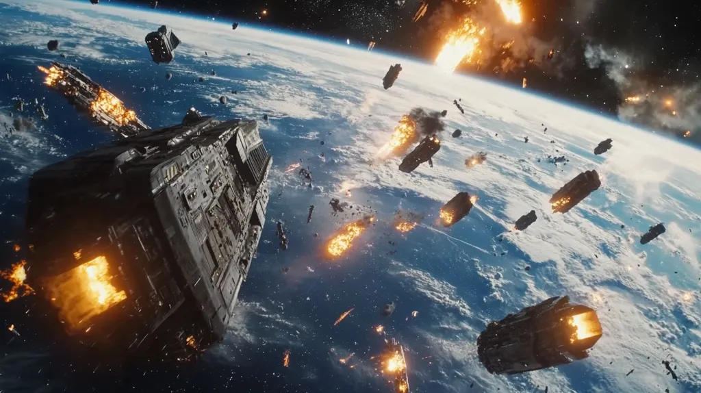 The image depicts a chaotic scene in space, with numerous spaceships engulfed in flames and debris scattered around. A large spaceship is seen in the foreground, with flames erupting from its engines. The Earth can be seen in the background, surrounded by the wreckage of the battle. The overall scene is one of intense destruction and chaos.
