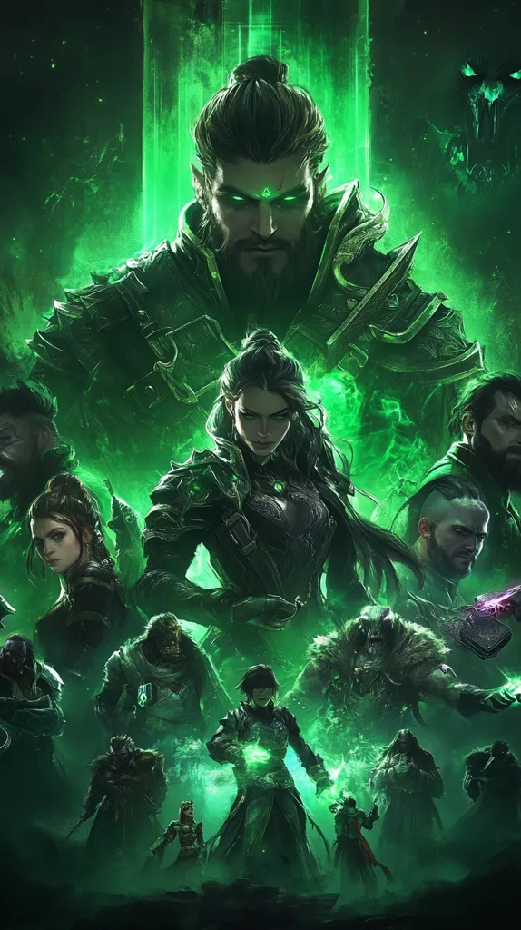 A group of diverse fantasy characters stand in a green, mystical environment. In the center is a woman with flowing black hair, wearing dark armor and a determined expression. Behind her is a man with a stern face, wearing ornate armor and glowing green eyes. Other characters surround them, including a woman in a white tunic, a man with a beard, and a creature with a skeletal skull. The image is filled with energy and hints of magic.
