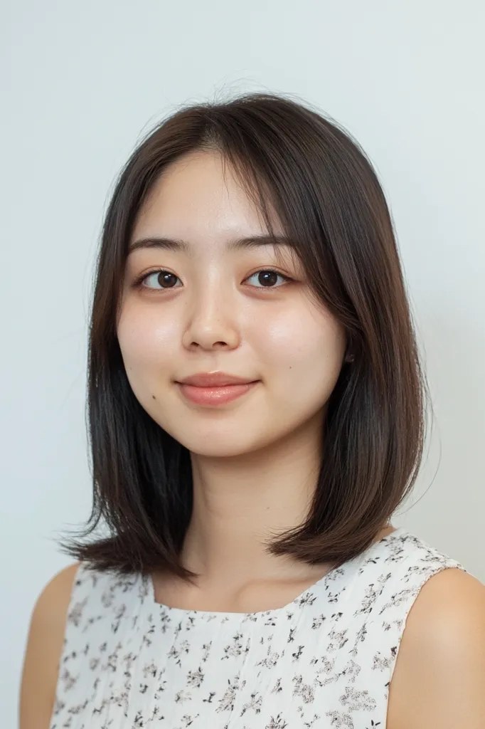 A young woman with long black hair, wearing a white floral sleeveless top, looks directly at the camera with a soft smile. Her expression is friendly and approachable, with clear skin and bright eyes. The background is a plain white wall, emphasizing her features. The lighting is soft and natural, creating a warm and inviting atmosphere.