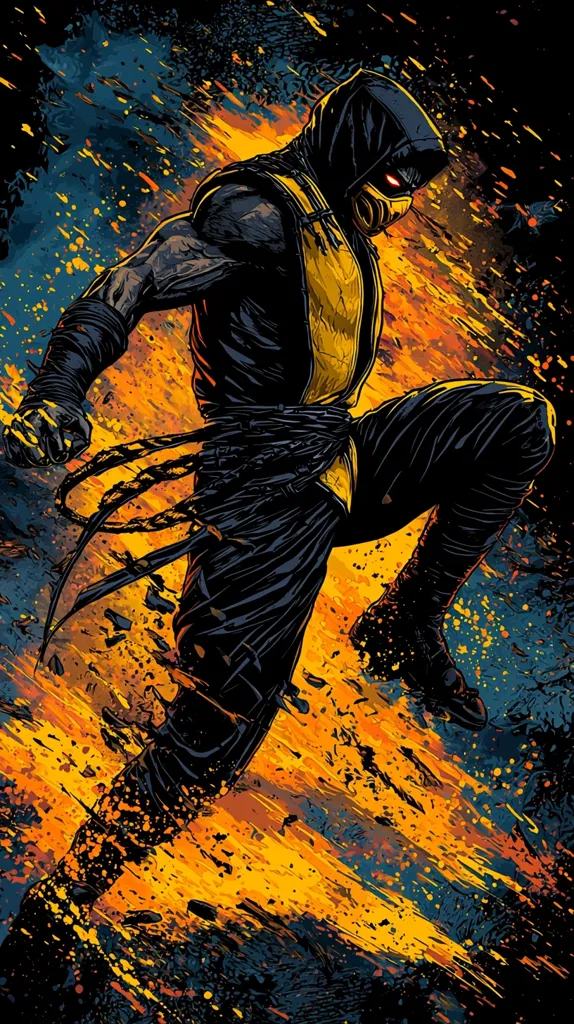 The image depicts a stylized illustration of Scorpion, a character from the Mortal Kombat video game series. He is rendered in a dark and gritty style, with a yellow and orange color scheme that suggests fire and heat. He is shown in a dynamic pose, his muscles rippling as he strikes a fierce and powerful blow. The background features a mix of splattered paint and abstract shapes, giving the impression of motion and chaos. Overall, the image captures Scorpion's iconic look and personality, showcasing his strength, ferocity, and power.