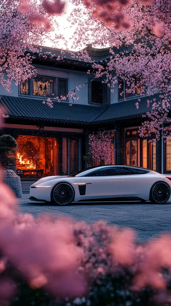 A white sports car is parked in front of a traditional Chinese-style house. The house is surrounded by lush cherry blossom trees, their pink flowers creating a beautiful backdrop. The car is sleek and modern, contrasting with the more traditional architecture of the house. The image has a soft, dreamy quality, as if taken in a tranquil moment.