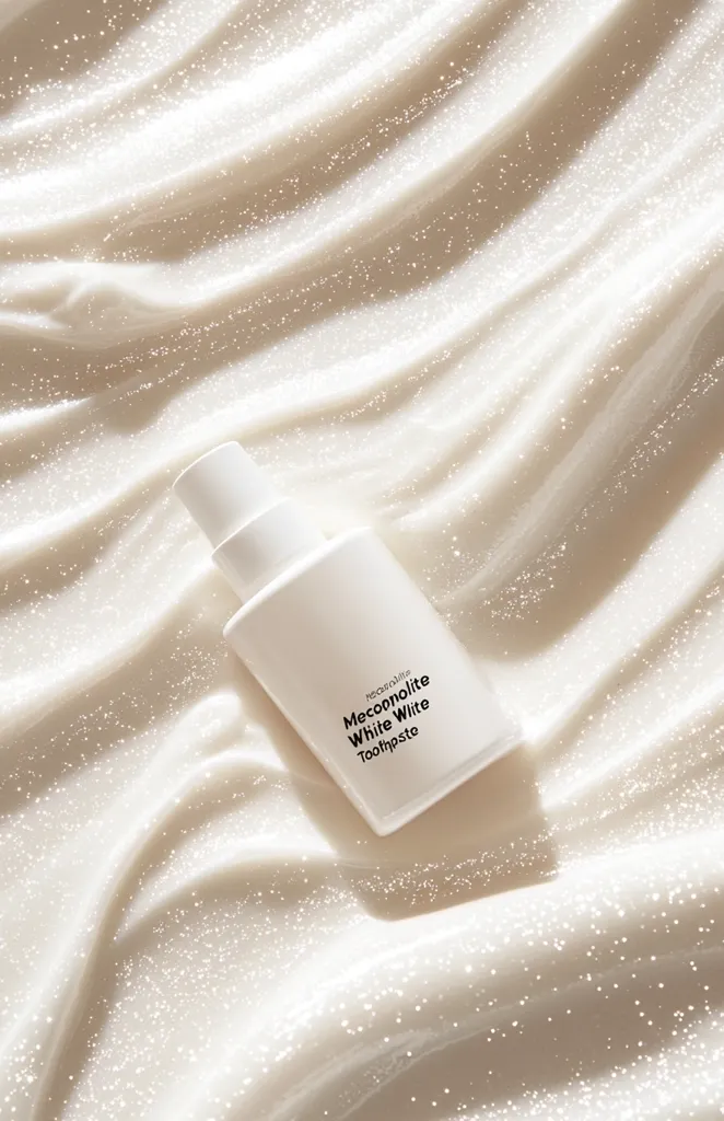 A white tube of toothpaste sits on a soft, textured, white fabric background. The tube is labeled "Meconopilite White White Toothpaste" in black text. The background is illuminated with soft, subtle light that creates a sparkling effect. The overall aesthetic is clean, minimalist, and elegant.