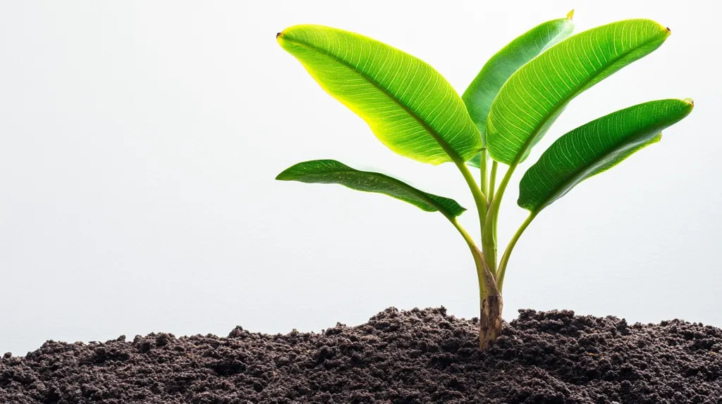 A vibrant green plant with large, elongated leaves stands tall in a bed of dark brown soil. The plant's leaves are arranged in a fan-like shape, showcasing their intricate veins and a slight yellow hue at the edges. The backdrop is a stark white, creating a strong contrast and highlighting the plant's beauty.  The image suggests growth, vitality, and the cycle of life.