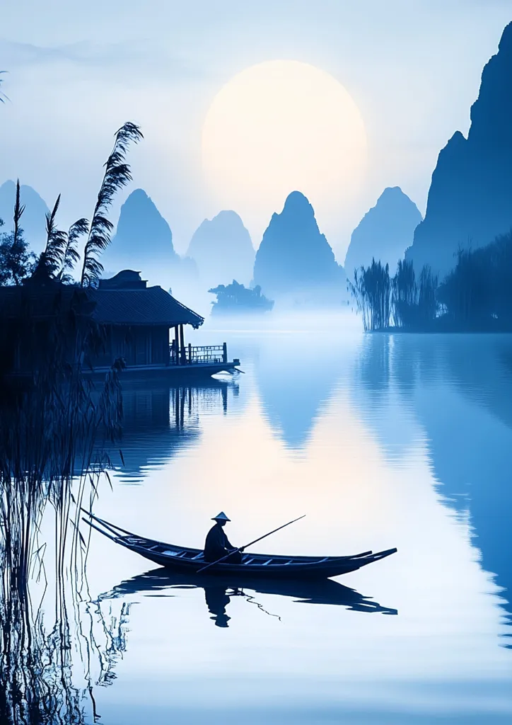 A serene landscape of a still lake in front of majestic mountains. A lone fisherman rows his boat in the peaceful water, a  bright, hazy sun shining in the sky. The scene is painted in shades of blue, creating a calming and tranquil atmosphere. The mountains are reflected in the calm water, creating a sense of symmetry and balance.