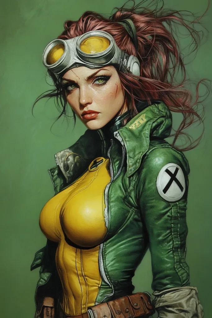 A woman with red hair, wearing a green jacket, a yellow top, and goggles, stands against a green background.  Her hair is windswept and her expression is serious.  The image is highly stylized, with a strong emphasis on detail and texture. She has a patch on her jacket that reads "X."  The woman appears to be a superhero, or a character in a science fiction or fantasy story.