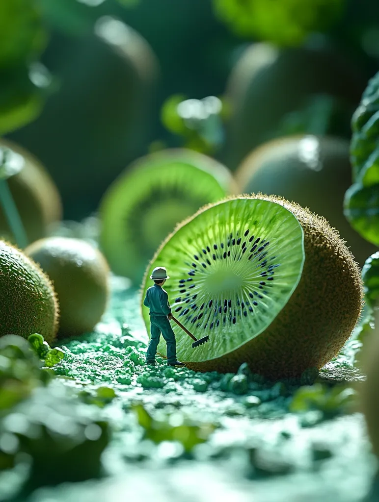 A tiny figurine of a man in blue overalls is raking the ground next to a giant kiwi fruit. The kiwi is sliced in half, revealing its black seeds and green flesh. The scene is surrounded by smaller kiwi fruits, creating a surreal and whimsical landscape. The image uses scale to create a humorous and imaginative visual.