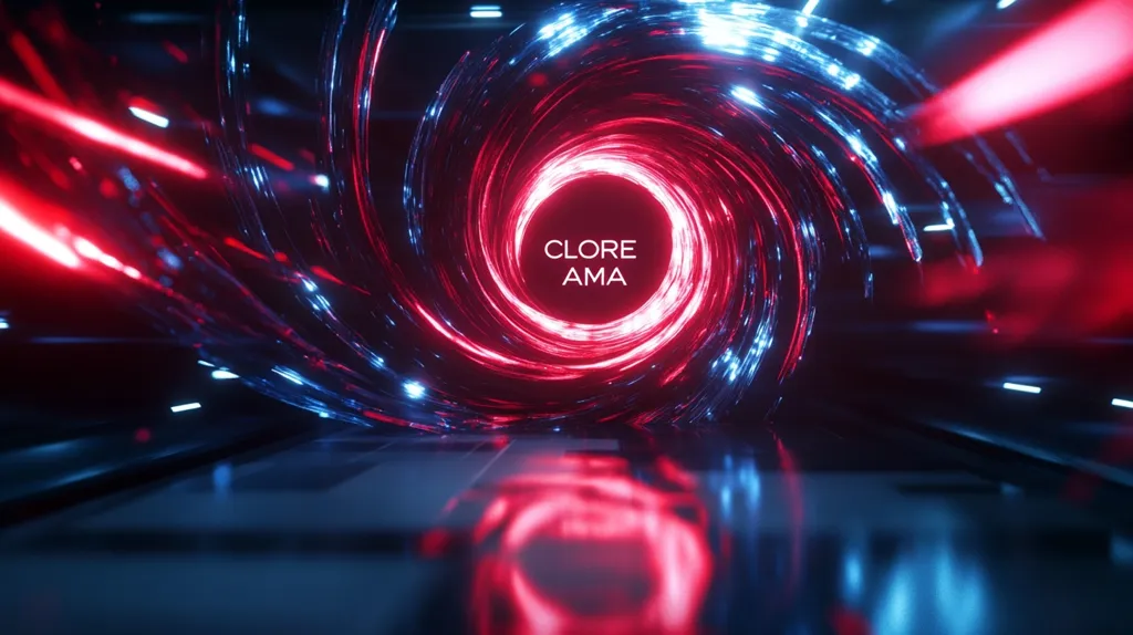The image shows a swirling tunnel of light, with red and blue hues. A large red ring is in the center, and the words "CLORE AMA" are written inside it. The light is reflected on the ground, creating a mirrored effect. The image is dark and mysterious, with an almost ethereal quality.