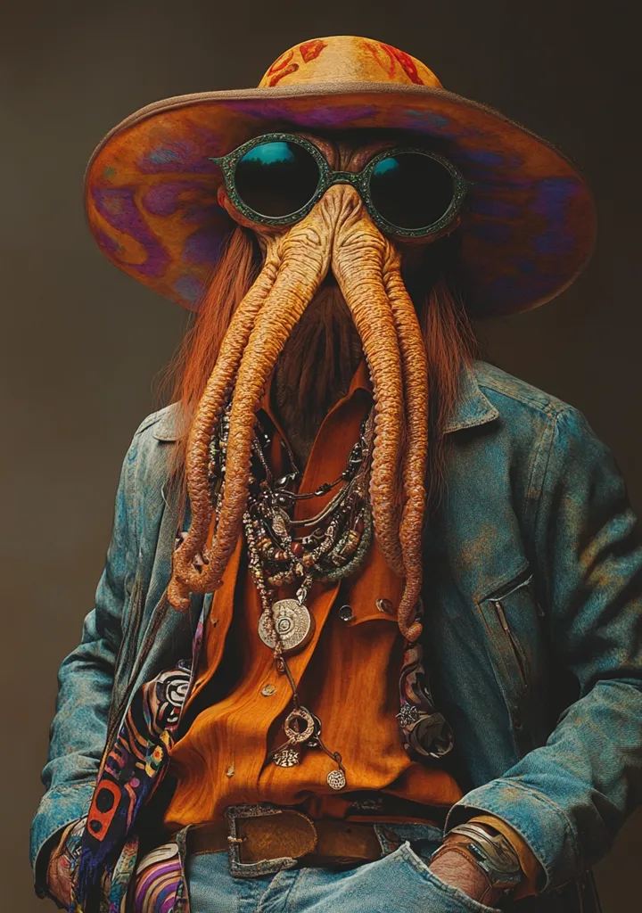 The image shows a creature with a large, multi-colored hat, round sunglasses and a face that resembles an octopus. The creature wears an orange shirt, a denim jacket and a variety of jewelry, including several necklaces and a belt. The creature is standing with a neutral expression on its face, and it appears to be looking at the camera. The background is a blurred, neutral color. The image has a whimsical and fantastical feel.