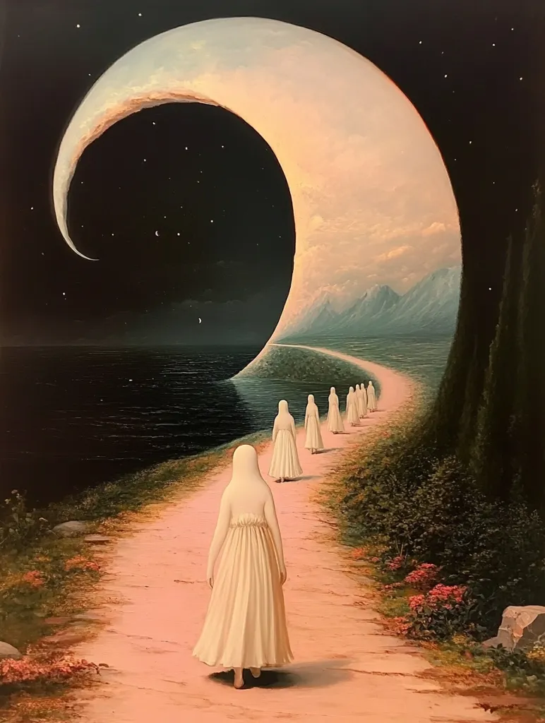 The image depicts a surreal landscape with a large crescent moon dominating the sky. A winding path leads through a lush, green forest and along a calm body of water towards a distant mountain range. A line of figures in white robes walk down the path, their faces obscured. The scene evokes a sense of mystery and the unknown, suggesting a journey of faith or spiritual exploration.