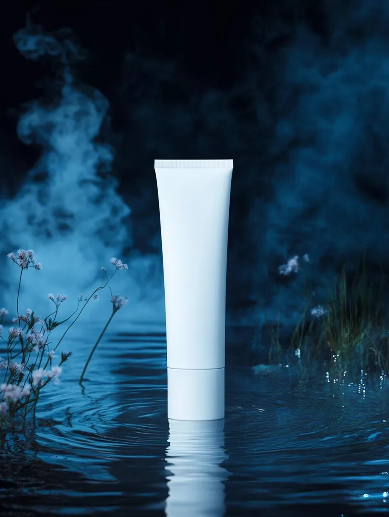 A white, blank tube of moisturizer stands upright in the center of a still body of water, creating a ripple effect. The background features a dark, blurred scene of smoke and wispy foliage, with a few delicate white flowers scattered around the water's edge. The image evokes a sense of mystery and tranquility.