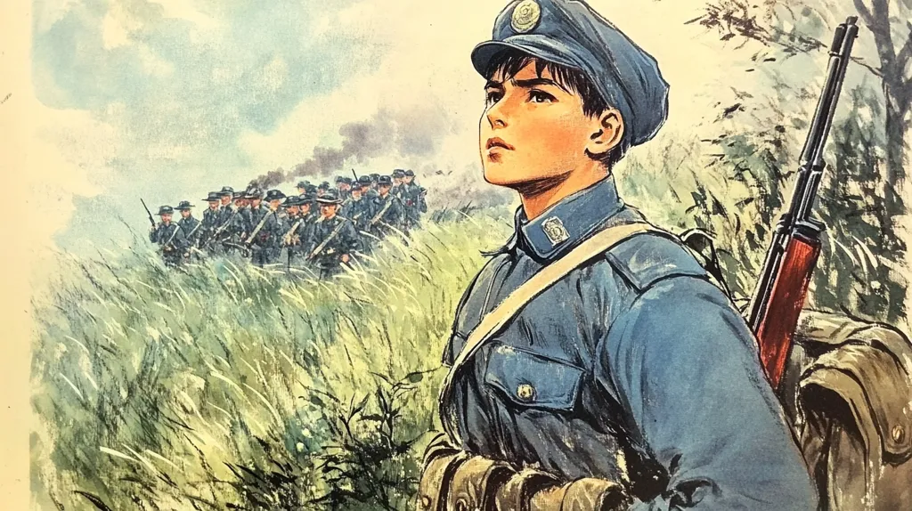 A young man in a blue military uniform stands with a rifle slung over his shoulder, gazing out at a line of soldiers marching through tall grass. The scene is painted in a realistic style, with attention to detail in the uniforms and the natural setting. The man's expression is determined, reflecting the seriousness of the situation. The painting evokes a sense of wartime courage and sacrifice.