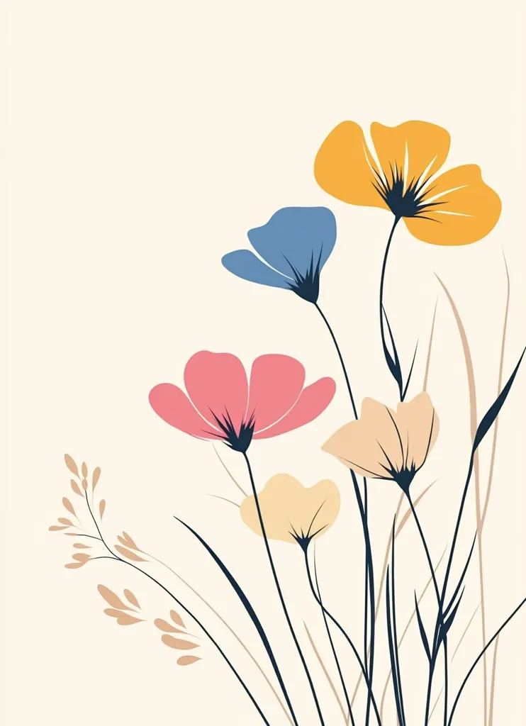 The image depicts a bouquet of stylized flowers in various shades of pink, yellow, and blue. The flowers are drawn with simple lines, creating a minimalist and elegant aesthetic. The background is a light cream color, providing a soft and subtle contrast to the vibrant colors of the flowers. The overall composition is simple and balanced, with the flowers arranged in a pleasing and harmonious manner. The image conveys a sense of tranquility and beauty.