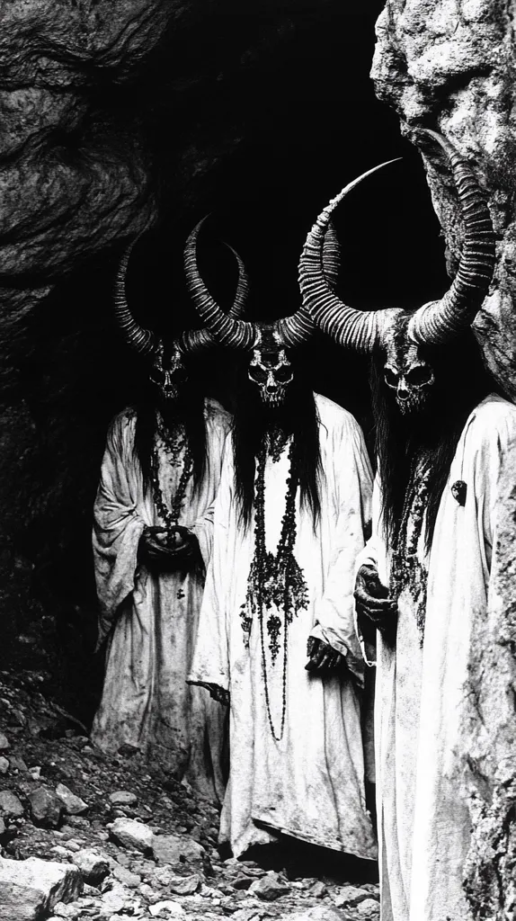 Three figures stand in a dark cave, their faces obscured by eerie, horned masks.  They wear flowing white robes, their bodies indistinct in the shadows. The image is starkly black and white, creating a sense of mystery and otherworldliness. The rock walls of the cave seem to press in on them, heightening the feeling of isolation and dread.  Their long, dark hair falls to their shoulders, adding to the air of otherworldly mystery.  The image evokes feelings of fear, mystery, and the unknown.