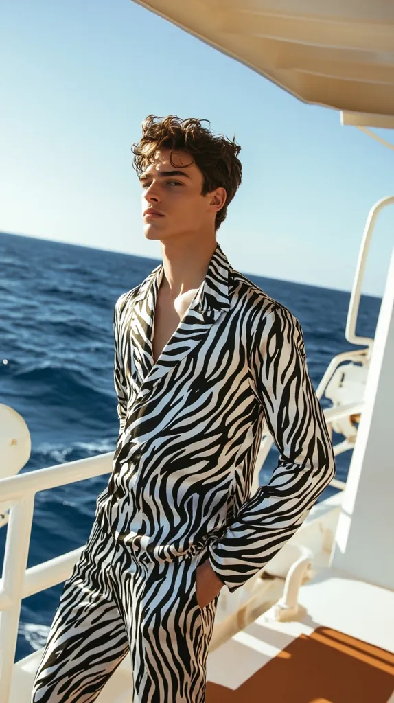 A young man with dark hair stands on the deck of a boat, looking out over the blue ocean. He is wearing a black and white zebra print suit and has a serious expression on his face. The sun shines on the deck of the boat, highlighting the white railing. The image evokes a sense of luxury and sophistication.