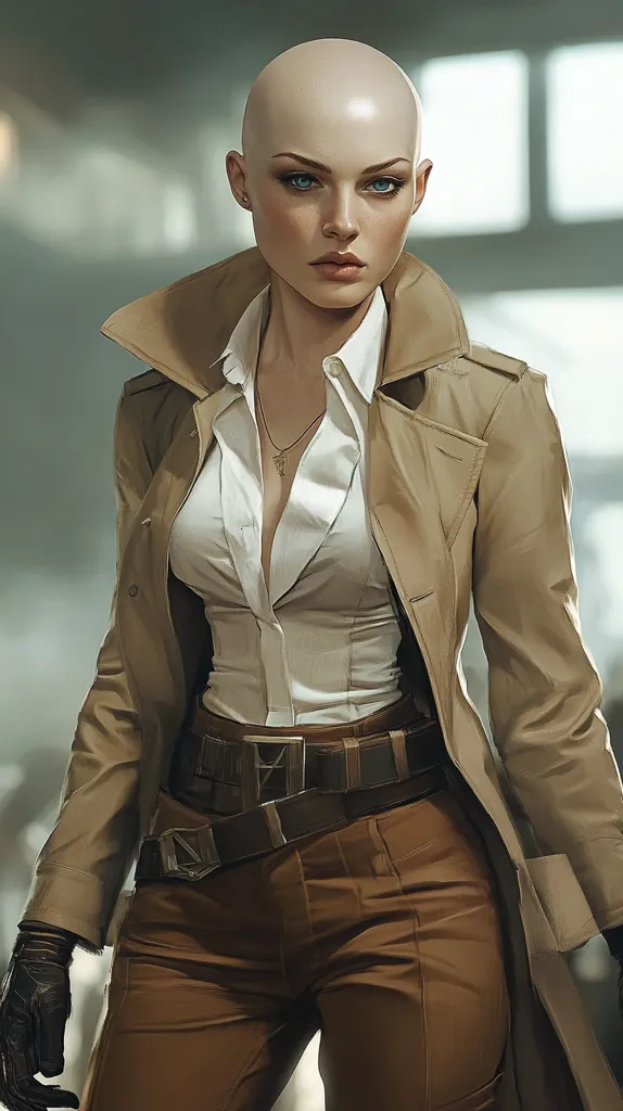 A bald woman with blue eyes stands in a brown coat, white shirt, and brown pants. She is wearing a belt with a buckle. She is looking directly at the viewer. The background is blurry, with some out-of-focus details. The lighting is soft and natural. The overall tone is serious and slightly mysterious.