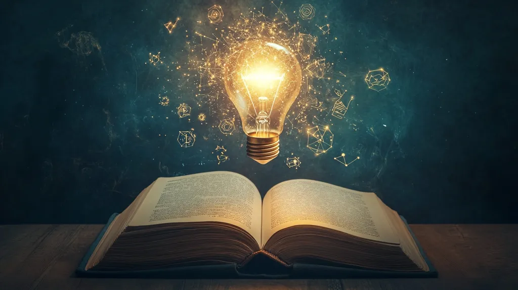 A glowing light bulb hovers above an open book, radiating light and forming abstract shapes. The image symbolizes the power of knowledge and learning, with the book representing the source of wisdom and the light bulb representing the spark of inspiration. The dark background emphasizes the contrast and highlights the brilliance of the light.