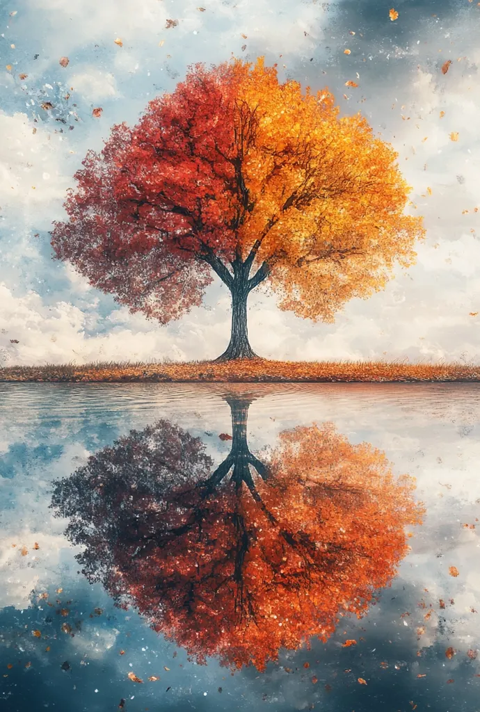 A single tree stands tall, half ablaze with crimson leaves and half bathed in golden hues, its branches reaching towards a cloudy sky. The tree is mirrored perfectly in a still body of water, creating a symmetrical image of nature's beauty.  Falling leaves dot the air and water, adding to the serene atmosphere. The scene evokes a sense of tranquility and the passing of time.
