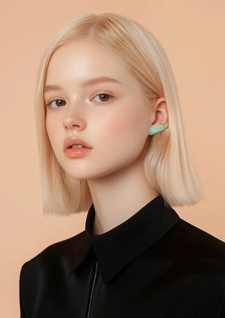 A young woman with short blonde hair and pale skin wears a black collared shirt. She has a soft, natural look with subtle makeup and a hint of blush. Her right ear is adorned with a light green rectangular earring. She looks directly at the camera with a slightly serious expression. The background is a soft peach color.