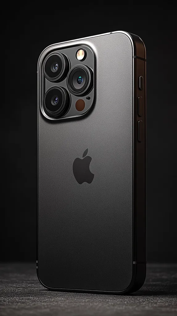 The image shows a black smartphone with a silver Apple logo on the back. It has a large camera bump with three lenses and a flash. The phone is resting on a dark surface, highlighting its sleek design and minimalist aesthetics. The phone's black color and sharp edges contribute to its modern and sophisticated look.