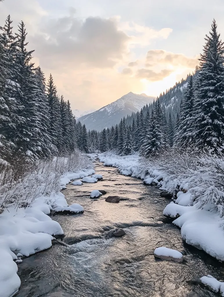 A winding river flows through a snowy forest, flanked by snow-covered trees and mountains in the distance. The sun shines through the clouds, casting a warm glow on the scene. The snow-covered banks and the glistening water create a peaceful and serene winter wonderland.
