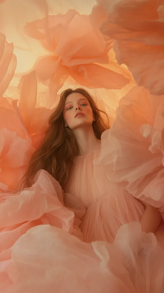 A young woman with long brown hair, wearing a pale pink dress, is surrounded by a flurry of delicate peach-colored fabric. The fabric is layered and textured, creating a soft and ethereal ambiance. The woman's gaze is directed upward, suggesting a sense of wonder or contemplation. The overall image evokes a sense of femininity, grace, and tranquility.