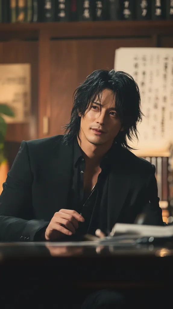 A young man with long, dark hair sits at a wooden desk. He is wearing a black suit jacket and a black button-down shirt. He is looking to the side with a thoughtful expression. The background is blurry, but it appears to be a library or office. The man's hand rests on the table, as if he has been working. The lighting is dim, creating a moody atmosphere.