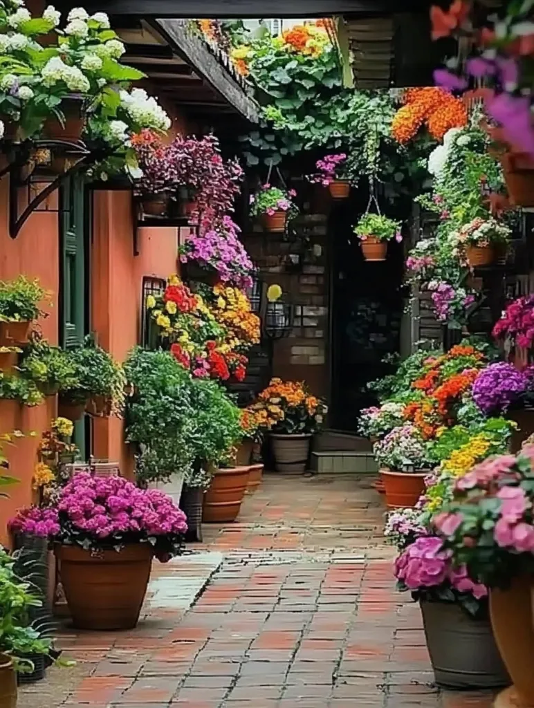 A narrow brick path lined with vibrant flowers and lush greenery leads through a charming courtyard. Pots overflowing with blooms in every shade of pink, red, yellow, and orange create a picturesque scene. Hanging baskets dangle overhead, adding to the abundance of color and life. The brick walls provide a warm backdrop for this enchanting oasis of floral beauty.